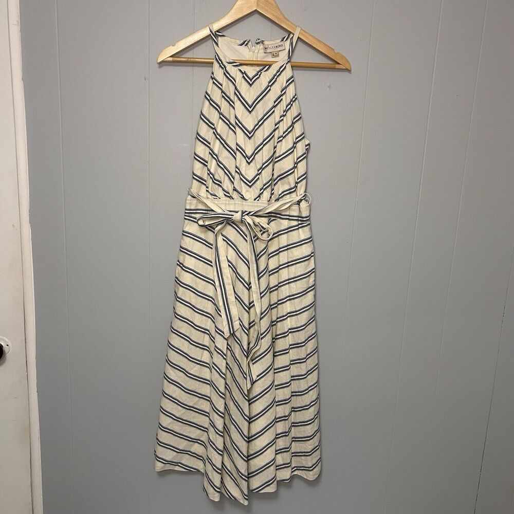 Weslee Rose Women’s Dress A-Line Sz 4 Linen Blend White Stripes Halter Neck Maxi